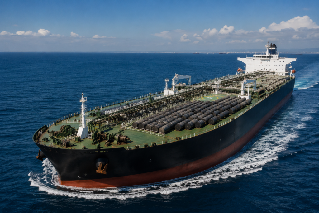 Brent crude oil price forecast amid US-Iran escalation fears A large oil tanker carries rows of crude barrels across calm blue waters.