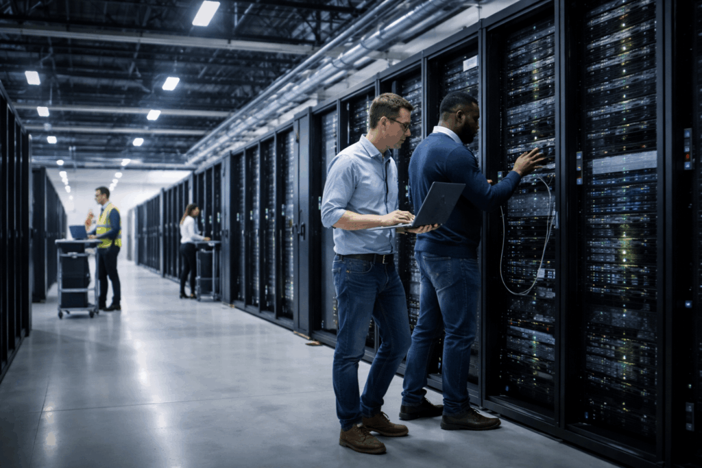 CoreWeave stock faces mounting risks as key challenges persist Experts checking Coreweave servers on data center